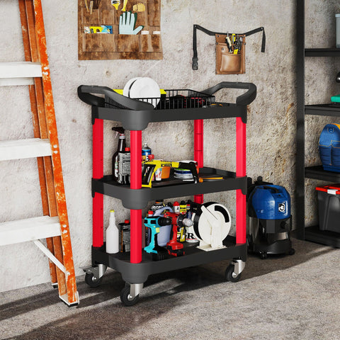 Rootz Black 3-Level Tool Cart - Utility Trolley - Rolling Workbench - Easy Mobility - 81cm x 43cm x 96cm