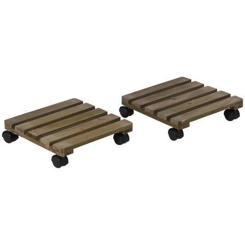 Rootz Set van 2 massief houten rollende plantenstandaards - Verplaatsbare plantenplank - Houten plantenrek - Mobiliteit - Stabiliteit - Veelzijdigheid - 30 cm x 30 cm x 7 cm - Bruin + Zwart