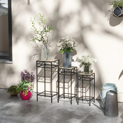 Rootz Bloemenstandaards - Set van 3 - Rond Stapelbaar - Rotan Effect - Metalen Poten - Binnen Buiten - Metaal - Zwart - Goud - 28L x 28W x 66H cm