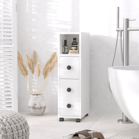 Rootz Bathroom Cabinet - Bathroom Shelf - Chest of Drawers - Mobile Storage - 18x30x68.5 cm - White Chipboard - Easy to Move with 4 Wheels