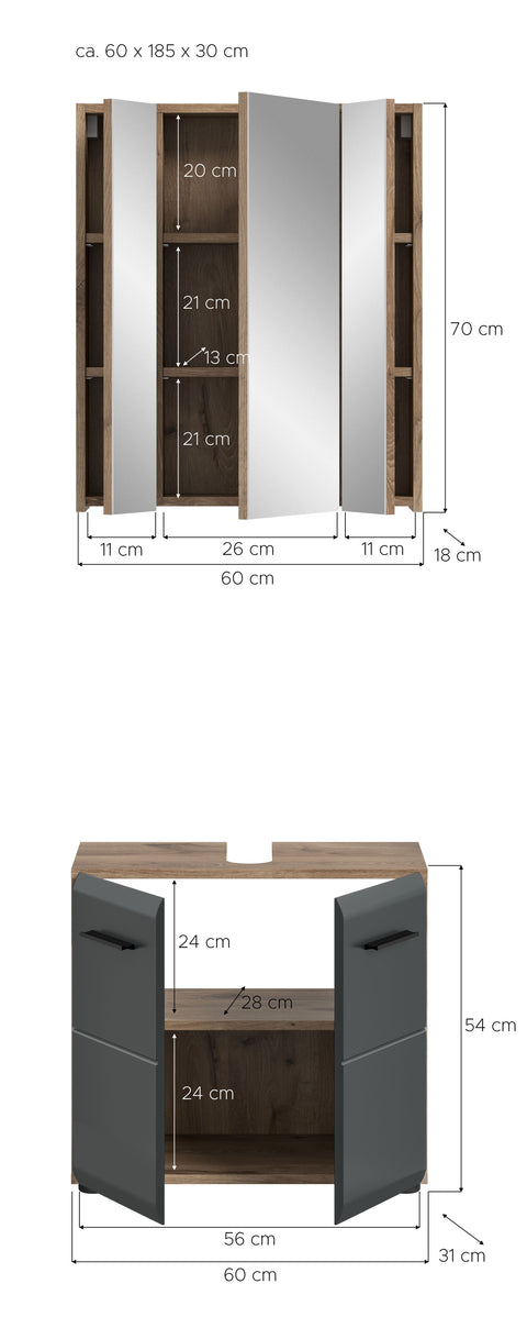 Rootz 2 Piece Bathroom Set - Vanity & Mirror Cabinet - Elegant & Functional - Space-Saving - W60 x H185 x D30 cm