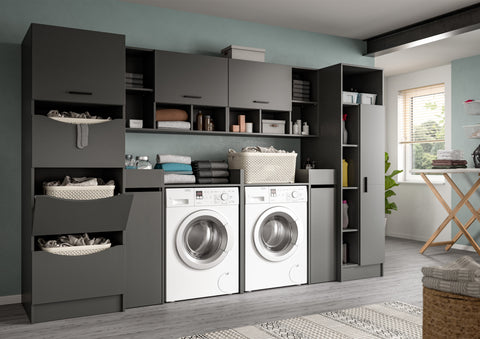 Rootz 8-Piece Black Laundry Set - Washing Machine Conversion - Modern Laundry Storage - Easy Care Surface - 306x195x68cm