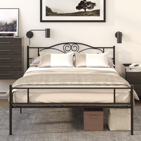 Rootz Metal Bed Frame with Headboard - Sturdy Double Bed - Steel Platform Bed - 300kg Capacity - Storage Space - 145 x 211 x 108 cm - Black