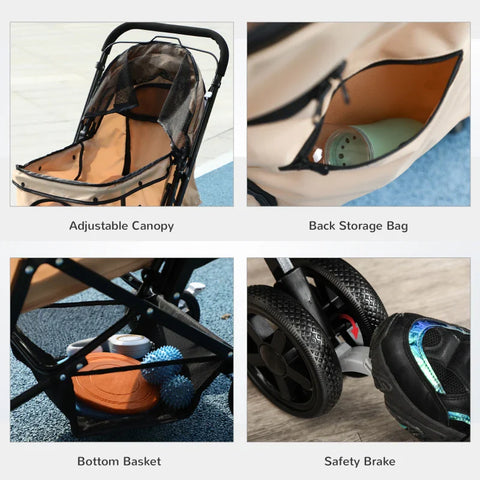 Rootz Folding Dog Buggy - Pet Stroller - 1 Basket - 2 Brakes - Including Safety Leash - Light Brown - 76.5cm x 52cm x 95cm
