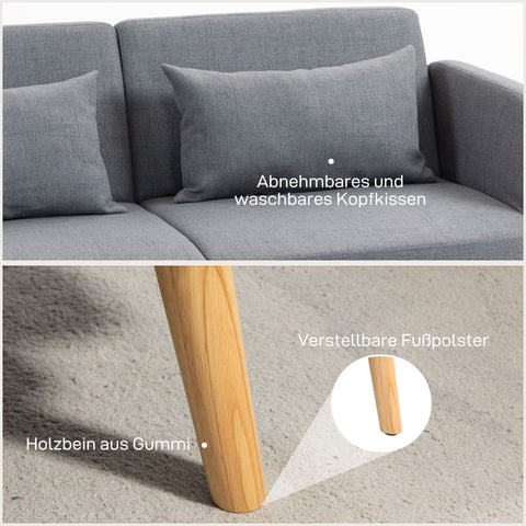 Rootz Linen-Look Sofa Bed - Adjustable Armrests - Convertible Couch - Rubberwood Legs - 170cm x 83cm x 80cm