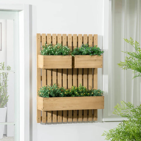 Rootz Wall-mounted Wooden Garden Planters with Trellis - Drainage Holes - 3 Movable Planter Boxes - Wall Raised Garden Bed for Patio - Natural - 60 x 16 x 80 cm