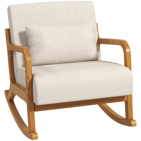 Rootz Rocking Chair - Retro Design - Rubberwood - Imitation Linen - Multi-layer Board - Beige + Brown - 64.5cm x 92cm x 81.5cm