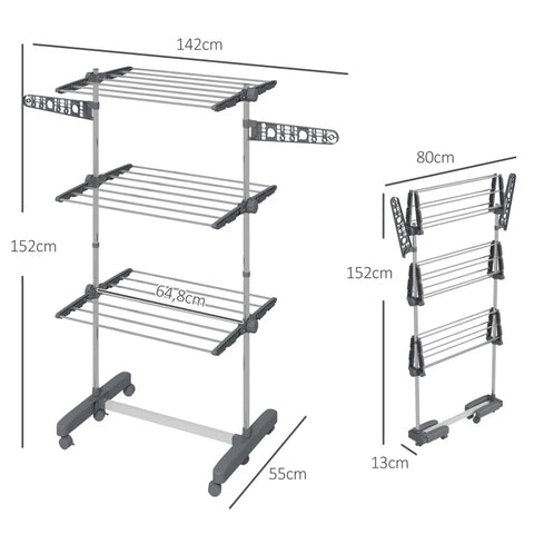 Rootz Clothes Drying Rack - Clothes Airer - Tumble Dryer - 5 levels - Foldable - One-click System - Stainless Steel - Gray - Silver - 142L × 55W × 172H cm