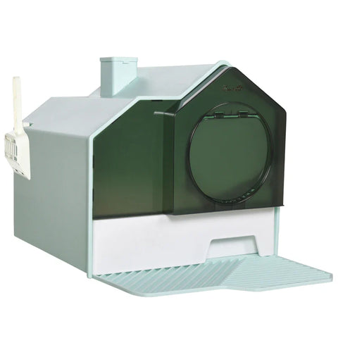 Rootz Cat Litter Box - Hut Design - 1 Strainer - 1 Litter Scoop - Removable Base Tray - Plastic - ABS - Green - White - 47L x 45W x 42H cm