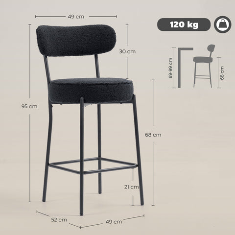 Rootz Set of 2 Bar Chairs - Upholstered Bar Stools - Kitchen Counter Chairs - Comfortable & Modern - Black Fleece, Footrest, 49x52x95 cm