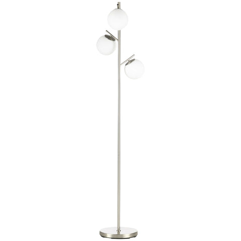 Rootz Vloerlamp Met 3 Glazen Lampenkappen - E27 - Voetschakelaar - Metaal - Glas - Zilver + Wit - Ø27 x 169H cm