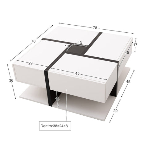 Rootz High Gloss Coffee Table - Modern Coffee Table - Stylish Living Room Table - Pull-Out Storage, Artistic Design - 78cm x 78cm x 36cm