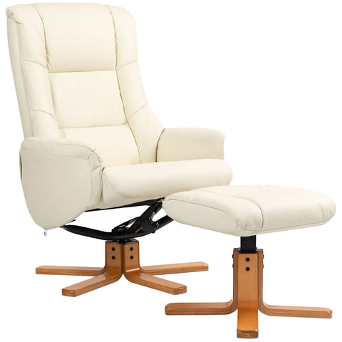 Rootz Relaxation Chair with Stool - TV Armchair - Recliner - Rocker Function - Faux Leather - Natural Wood Frame - Cream White - 71cm x 84cm x 102cm