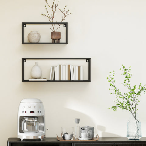 Rootz Set of 2 Wall Shelves - Floating Shelves - Display Racks - Space-Saving, 15kg Load - Steel, Black, 60x12x21cm & 40x12x19cm