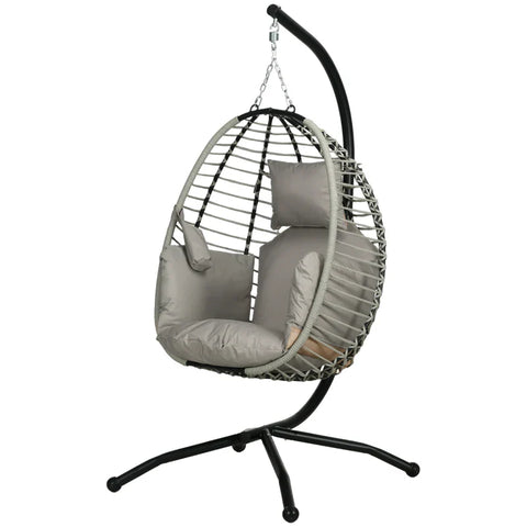 Rootz Outdoor Hanging Chair - Seat and Back Cushion - Foldable Seat Basket - Cup Holder - Metal Frame - Grey - 110L x 100W x 188H cm