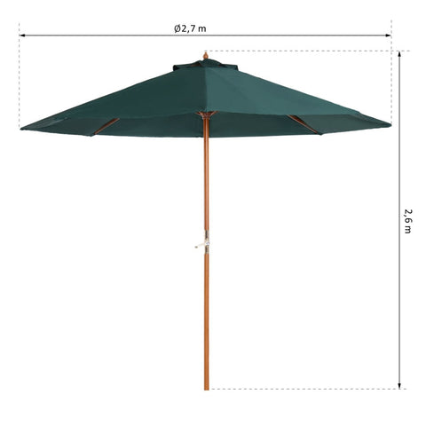 Rootz Wooden Parasol - Wooden Umbrella - Garden Umbrella - Balcony Umbrella - Durable & Lightweight - Weather-Resistant - Easy Operation - Ø270 x 250 cm - Dark Green