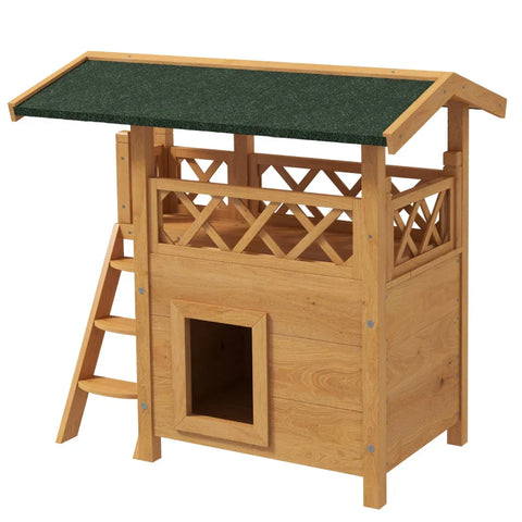 Rootz Cat House - Pet Kennel - Asphalt Roof - 2 Levels - 1 Ladder - Fir Wood - Natural + Green - L77 x W50 x H73 cm