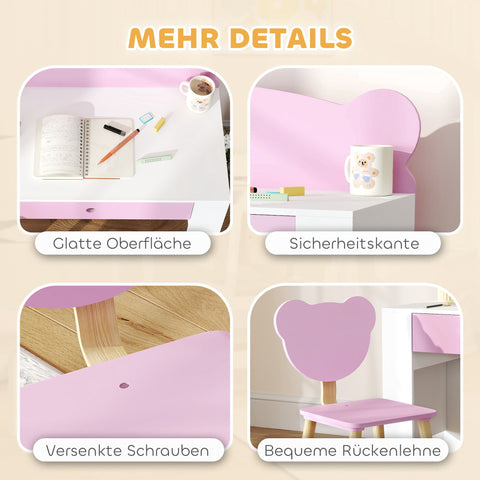 Rootz Children's Desk Set - Work Table - Chair - Educational Fun - Bear Shape - Pink - 80cm x 41cm x 74.5cm