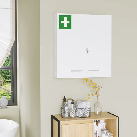 Rootz Medicine Cabinet - 6 Inner Compartments - Lockable - 2 Doors - Sturdy Steel Housing - White - 55 x 18 x 60 cm