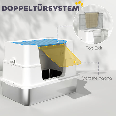 Rootz Stainless Steel Cat Toilet - Litter Box - Kitty Lavatory - Scratch-Resistant - XL Interior with Shovel - 60.2cm x 40.2cm x 44.5cm