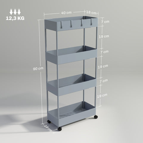 Rootz Kitchen Cart - Niche Car - Storage Trolley - Extra Space - Grey - 40cm x 19cm x 90cm