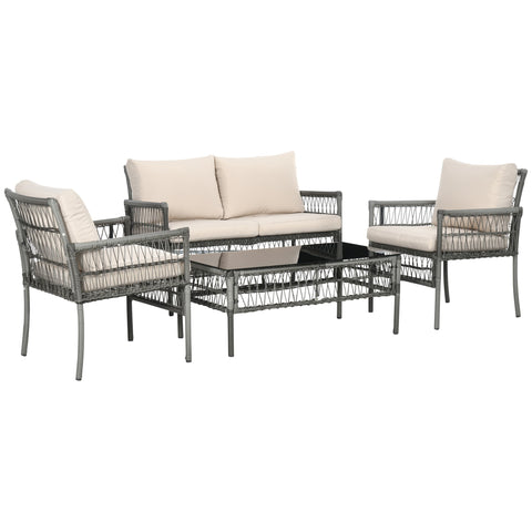 Rootz 4-Part Garden Furniture Set - Outdoor Sofa - Rattan Look with Cushions - Comfort & Style - Sofa 116x72x81cm, Armchair 62x72x81cm, Table 100x54x42cm
