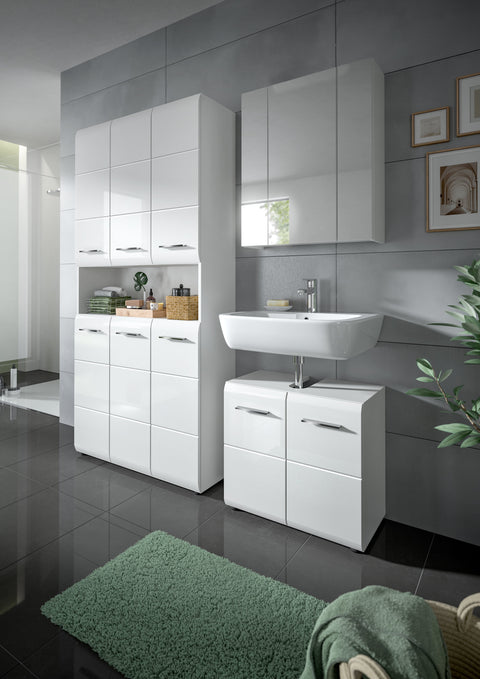 Rootz 3 Piece Bathroom Set - Vanity Unit - Storage Solution - High-Gloss White MDF - Easy Assembly - 165x185x30 cm