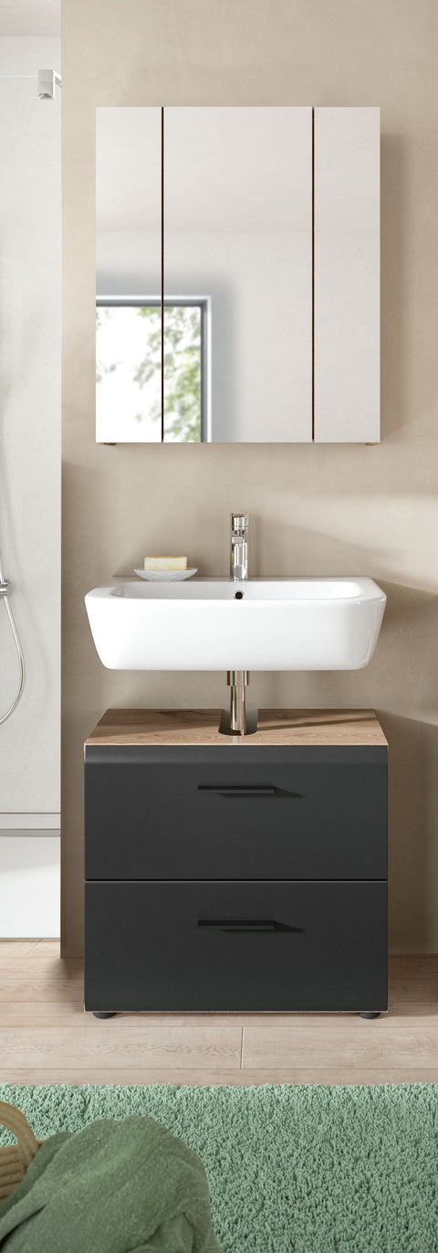 Rootz Bathroom Combination Set - Vanity Unit - Mirror Cabinet - Space-Saving - Black and Brown - 60x185x30 cm