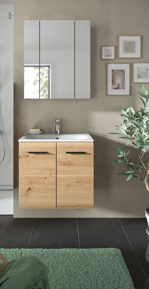 Rootz 3 Piece Bathroom Set - Vanity Unit - Mirror Cabinet - Space-Saving Design - Brown - 60x185x46 cm