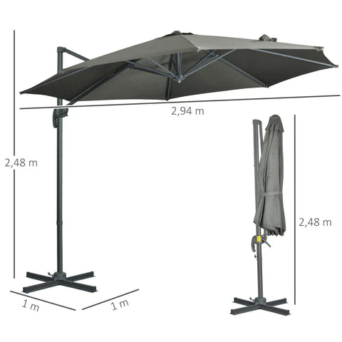 Rootz Parasol - Cantilever Parasol - Garden Umbrella with Cross Base - Weather Resistant - Sun Protection - Aluminum - Gray - 294 cm x 248 cm