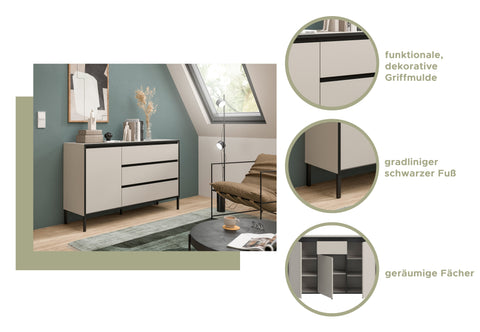 Rootz Sideboard - Storage Unit - Cabinet - High-Quality, Easy-Care - 136cm x 83cm x 38cm - Grey and Black