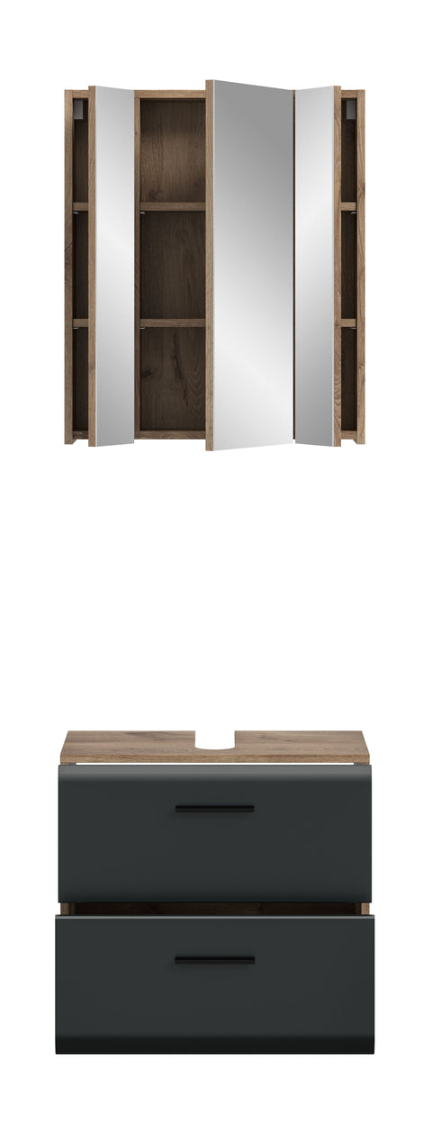 Rootz Bathroom Combination Set - Vanity Unit - Mirror Cabinet - Space-Saving - Black and Brown - 60x185x30 cm
