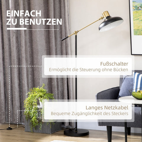 Rootz Industrial Design Floor Lamp - Adjustable Lighting - Flexible Frame - Foot Switch - 80cm x 30cm x 124-165cm - Black + Gold