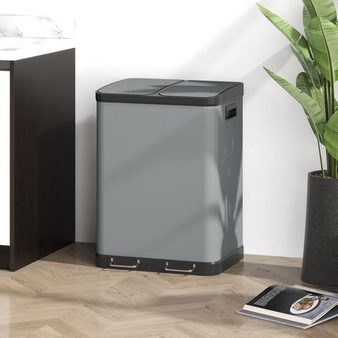 Rootz 30L Double Trash Can - Dual Compartment Waste Bin - Metal Housing - Fingerprint Resistant - Removable Inner Bins - 48.8cm x 39.5cm x 67cm