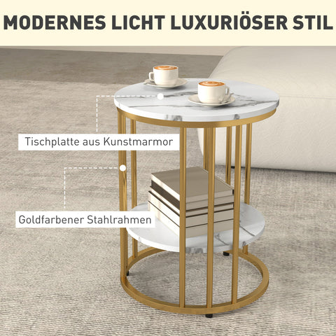 Rootz 2 Piece Set Round Side Table - Coffee Tables - Marble Look - Double Storage Space - Ø45 x 55H cm & Ø40 x 50.5H cm