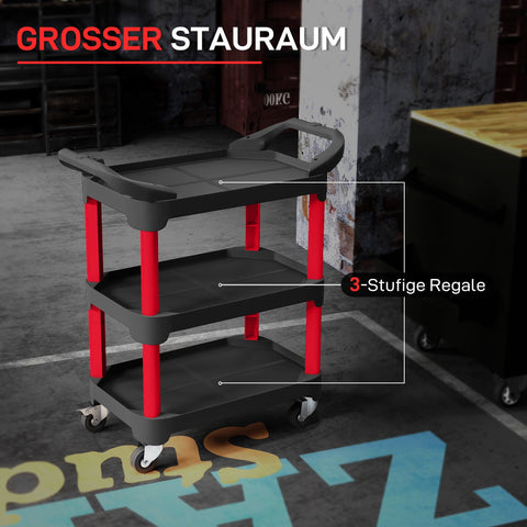 Rootz Black 3-Level Tool Cart - Utility Trolley - Rolling Workbench - Easy Mobility - 81cm x 43cm x 96cm
