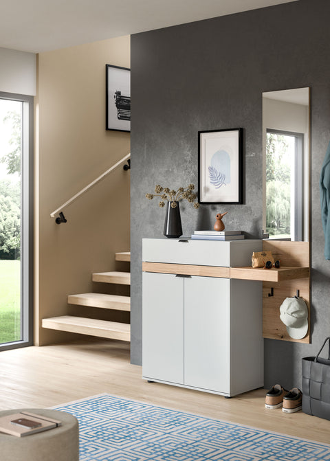 Rootz Wardrobe Combination - Shoe Cabinet - Mirror Set - Space-Saving - 110x194x37 cm - Grey & Evoke Oak Imitation