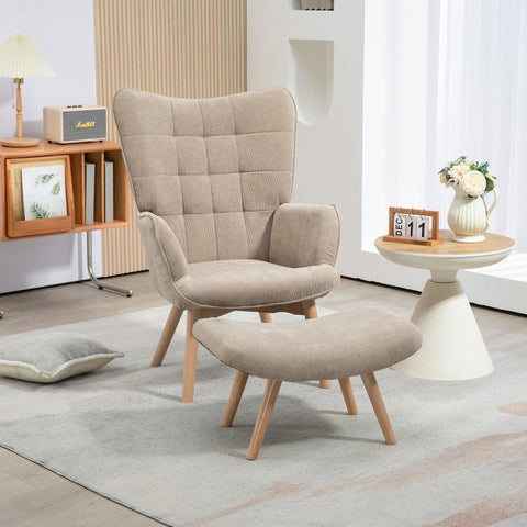 Rootz Accent Chair and Ottoman Set - Wing Chair - Armchair - Comfortable Seating - Versatile Use - Stylish Design - 72cm x 80cm x 101cm - Beech Wood and Cord Look