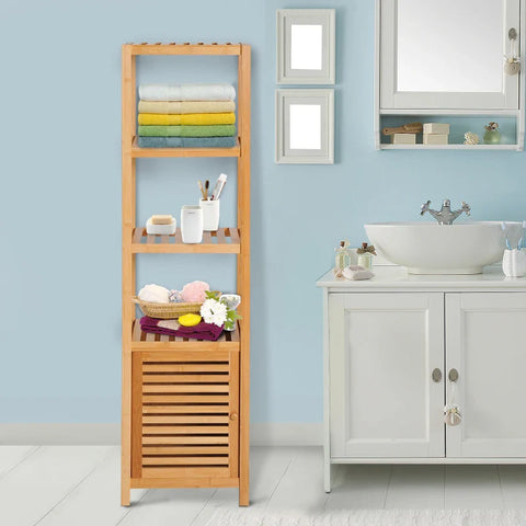 Rootz Bathroom Cabinet - Freestanding - 3 Shelves - Narrow & High - Tall Storage Unit - Slatted Door - Natural - 36 x 33 x 140cm