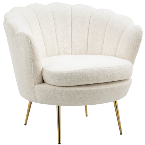 Rootz Shell Shaped Upholstered Chair - Relaxation Chair - Comfy Armchair - Gold Metal Legs - Elegant & Cozy - 79L x 77W x 77H cm - White Fabric