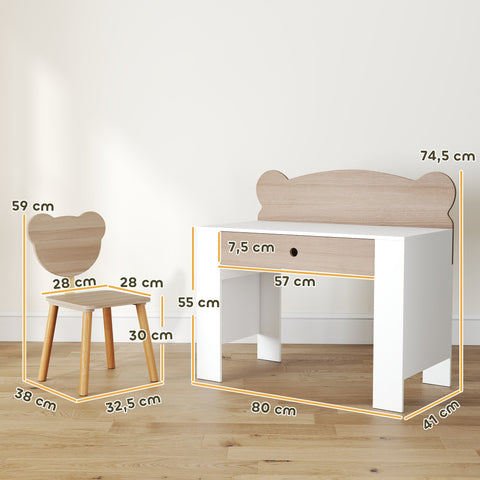 Rootz Children's Desk Set - Kids Study Table - Bear Design - Enhance Creativity - Brown & White - Desk: 80x74.5cm, Chair: 38x59cm