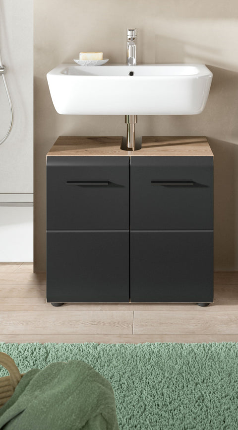 Rootz Washbasin Base Cabinet - Vanity Unit - Under Sink Storage - High-Quality MDF - 60 x 54 x 30 cm - Black and Brown