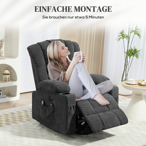 Rootz Electric Power Lift Stand Up Chair - Recliner - Cinema Chair - Massage & Heat - 93W x 91D x 110H cm - USB Ports & Cup Holders - Grey