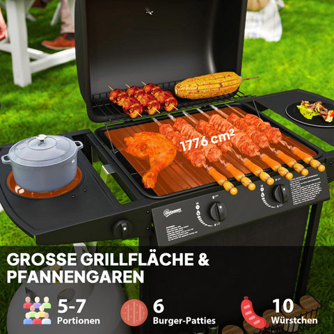 Rootz Gas Grill - BBQ Grill - Outdoor Grill - 3 Burner & Side Cooker - Integrated Thermometer - 107cm x 54cm x 96cm - Black