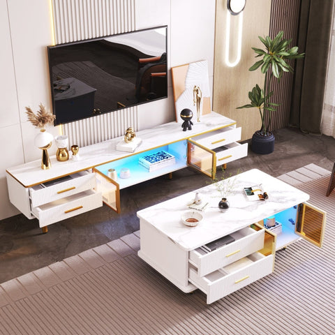 Rootz Marble-Look TV Cabinet - Media Console - Entertainment Unit - Spacious Storage - 170L x 37W x 47.5H cm