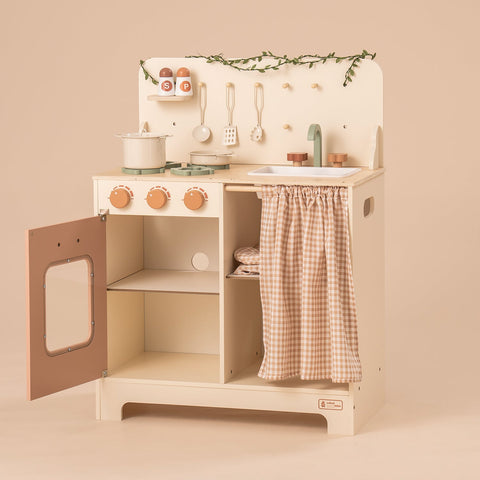 Rootz Rustic Wooden Play Kitchen - Kids Playset - Pretend Cooking Station - Enchanting Design - Sustainable Wood - 76 cm x 38 cm x 89 cm