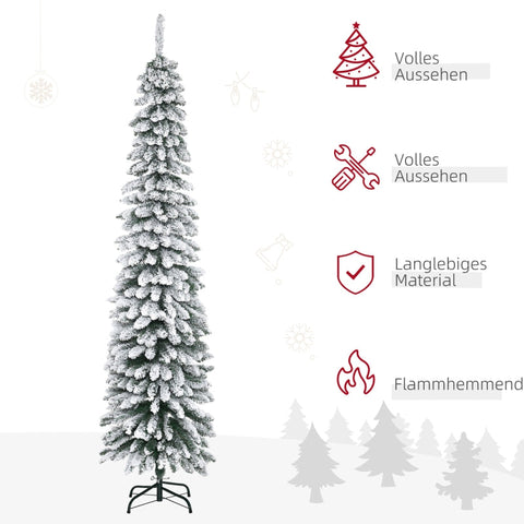 Rootz 210cm Artificial Christmas Tree - Snow-Covered Branches - Festive Decor - Narrow Design - Fireproof - Metal Stand - Green+White - 54cm x 54cm x 210cm