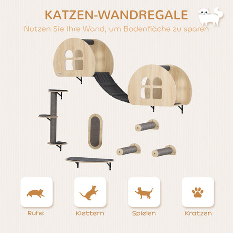 Rootz 7-Part Cat Climbing Wall Set - Cat Wall Stairs - Cat Scratch Tree - Space-Saving Design - 171cm x 36.5cm x 43cm - Grey and Brown