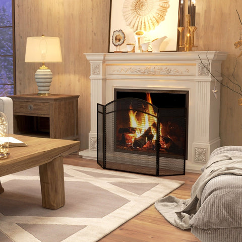 Rootz Fireplace Spark Protection Grille - Herringbone Pattern - Three-Part Folding Design - Coated Metal - 96cm x 60cm x 1cm