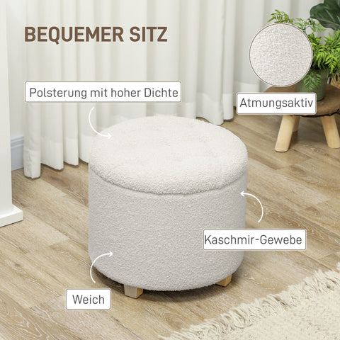 Rootz Sitting Stool with Storage Space - Ottoman - Storage Box - 40.5L Hidden Storage - Ø45 x 41H cm - White - Wooden Legs